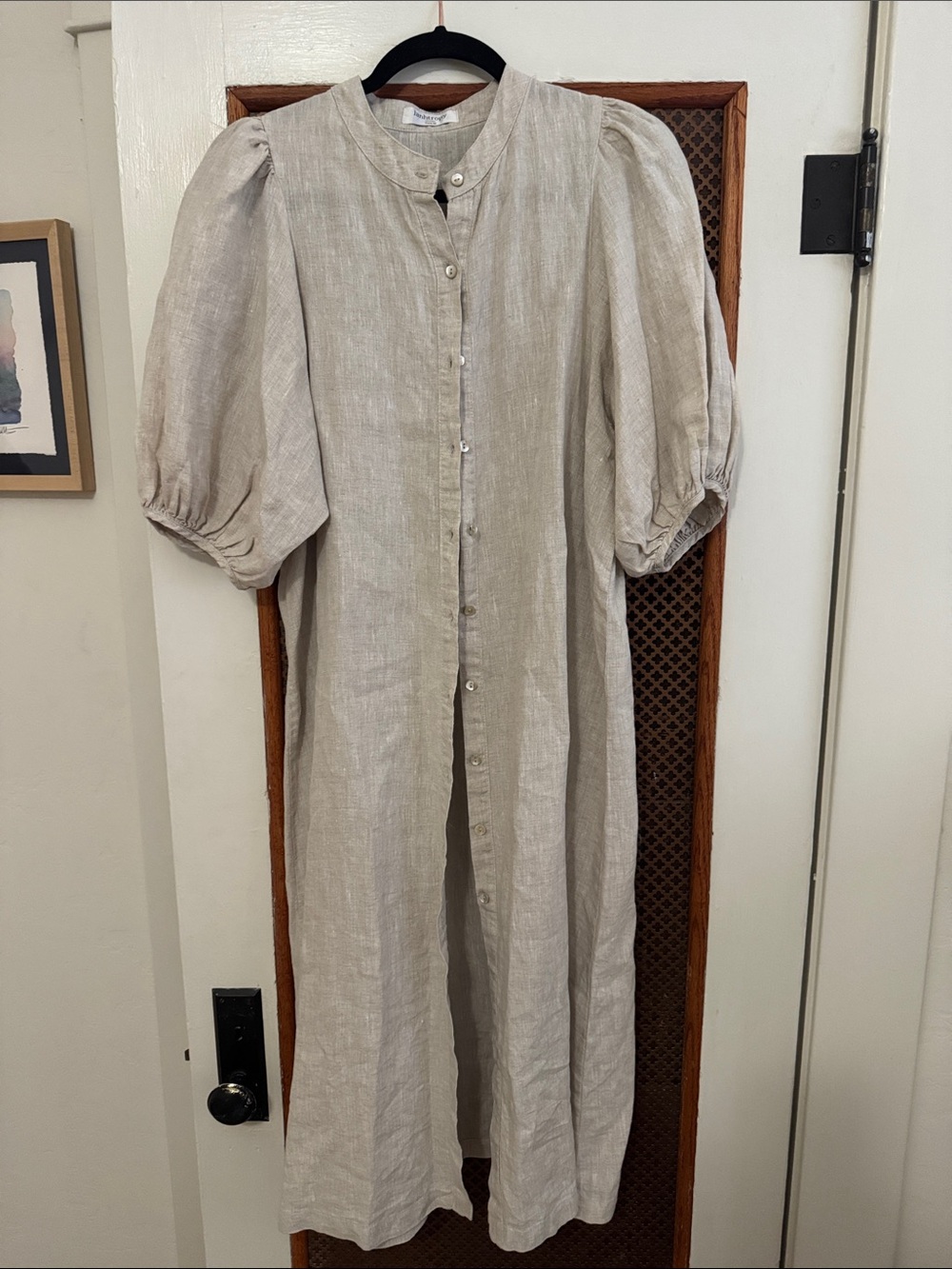 Light Beige Linen Button-Front Puff Sleeve Dress